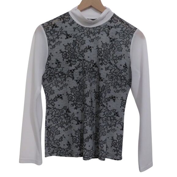 Bogner Tops - Bogner Womens White Navy Floral Long Sleeve High Neck Top